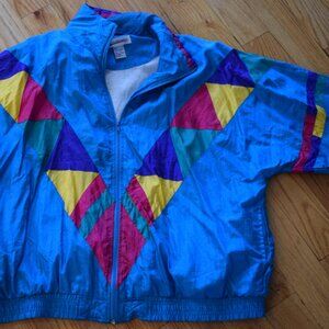 Fun 1980s Vibrant Geometric Technicolor Print Nylon Zip Up Jacket